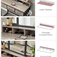VASAGLE Masuta toaleta 90x40x141 cm, cu 3 sertare, oglinda tripla si taburet, lemn si otel, gri si negru