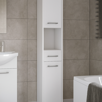 Dulap baie tip coloana cu 2 usi, 1 sertar si rafturi interioare, PAL laminat, 30x30x140 cm, alb