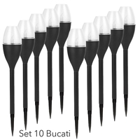 Lampa solara LED pentru gradina, Flippy, Set 10 Bucati, Tip Pahar de Vin, Inaltime 37.5 cm, efect de flacara, PVC si ABS, 2V, 200mAh, Lumina Alb Cald, Negru