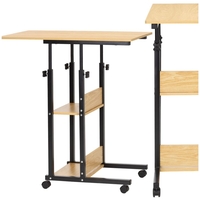 Birou reglabil pe inaltime cu rafturi si roti, blat din lemn si structura metalica, 80x40x76-86 cm, maro natur