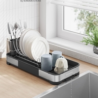 SONGMICS Uscator de vase si tacamuri, din inox, suport pentru tacamuri si sistem de scurgere, 21x45x13 cm