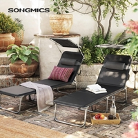 SONGMICS Sezlong pliabil cu saltea, parasolar si tetiera, spatar reglabil 4 pozitii, cadru metalic, 193x53x29 cm, maxim 150 kg, negru