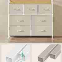 SONGMICS Comoda cu 7 sertare textile, cadru metalic si blat din PAL, design industrial, 98x29x85 cm, alb crem