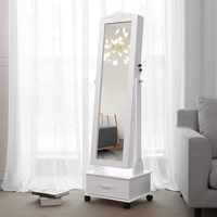 SONGMICS Oglinda de podea cu dulap depozitare bijuterii, iluminare LED si roti, cu cheie, 35x45x156 cm, alb