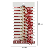 Martisor Bratara cu Ciucure pentru Dama, Jolie, Model Potcoava cu Trifoi, Set 12 bucati, Pandativ din Inox, Snur Reglabil, Rosu/Alb