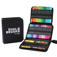 Set Carioci pe Baza de Apa, Flippy, 2 in 1, pentru Pictura, Caligrafie, 72 Culori, Penar Negru, Corp Carioca Negru, 24.5 x 18.5 x 5 cm, Multicolor