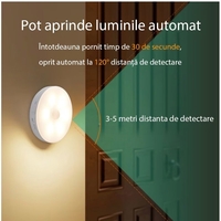 Lampa de Veghe LED, Flippy, cu Senzor de Miscare, Doua Tipuri de Lumina Alb Rece, Incarcare USB, Intrerupator On/Off/Auto, 0.6W, 300mAh, Design Rotund, Alb, 8.5x2.3 cm