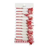 Martisor Bratara cu Ciucure pentru Dama, Jolie, Model Inima Infinit, Set 12 bucati, Pandativ din Inox cu Pietre, Snur Reglabil, Rosu/Alb