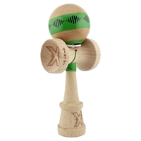 Kendama X Originala FREQUENCY, Profesionala, Flippy, Cupe Mari KING SIZE V3, Super Sticky, Gaura in Baza, Rulment Metalic, din lemn 18 cm, Ata 62/65 cm, Verde/Maro
