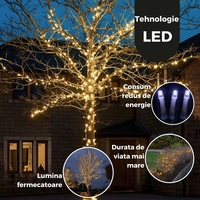 Instalatie de Craciun Liniara Yoto, 50 m, 1 m Prelungitor 220V, 498 LED, 8 Jocuri de Lumini, Controler, Fir Negru, Utilizare Interior/Exterior, Protectie anti-inghet, Fir Cupru, Alb Cald