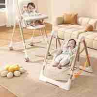 Scaun de Masa 2in1, Flippy, pentru Copii 6 luni - 4 Ani, Pliabil, cu Roti, Balansoar, Leagan, Reglabil, Tava de Masa Dubla, Centura in 5 Puncte, 96 x 56 x 76 cm, Sampanie