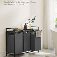 VASAGLE Cos de rufe, 3 compartimente, saci de rufe detasabili, raft, cadru metalic, 3x38L, 93x33x72 cm, negru