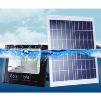 Proiector LED/Lampa solara de exterior Flippy, 20 cm x 25cm, Rezistent la Apa IP67, cu Panou Solar, 220 LED SMD, 65W, Senzor de lumina, Timer, cu Telecomanda, 2 moduri de iluminat, kit montaj inclus, Lumina Rece