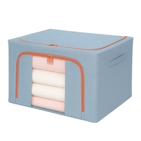 Cutie de Depozitare Pliabila, Flippy, 66 L, din Bumbac si In, 50x40x33 cm, Fereastra Frontala Transparenta, 2 Usi de Acces cu Fermoar Bidirectional, Cadru Metalic, Suport Baza Stabil din Plastic, Bleu