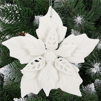 Set 10 flori de Craciun 12 cm, ornamente cu sclipici, plastic, alb