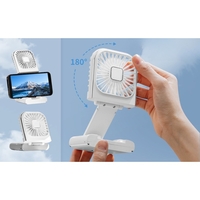 Ventilator Portabil Vafy, 3 in 1, de Mana, de Gat, de Birou, 16.7 x 8 x 1.9 cm, 3 Trepte de Viteza, Incarcare USB, Pliabil, Afisaj Digital, Suport Telefon, Alb