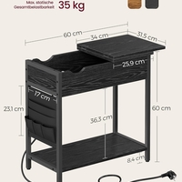 VASAGLE Masa laterala pliabila, tip noptiera, cu prize si porturi USB, raft si geanta din textil, 60x32x60 cm, negru