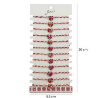 Bratara Martisor pentru Dama, Jolie, Model Inima Colorata, Set 12 bucati, Pandativ Argintiu din Inox cu Elemente Multicolore, Snur Alb/Rosu
