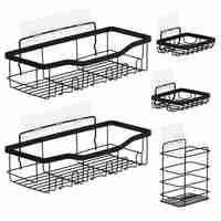 Set 5 polite metalice pentru dus cu montaj autoadeziv, inox, negru mat