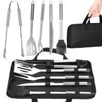 Set ustensile gratar 5 piese, inox, cu husa transport, 37x14x5 cm, argintiu