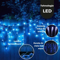 Instalatie Craciun Yoto, Tip Franjuri/Turturi, 12 m, 300 LED-uri, Prelungitor 1.5 m, 8 Jocuri de Lumini, Interconectabila, Conectare la Retea, Fir transparent, Interior/Exterior, Albastru