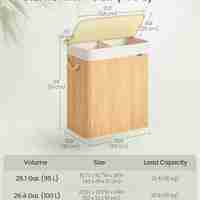 SONGMICS Cos rufe din bambus cu 2 compartimente, sac detasabil, 100 litri, 52x32x61 cm, maro natur