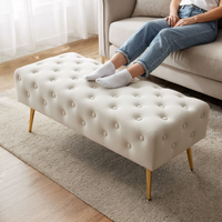 Taburet Monaco, tapitat cu catifea, tip banca, cu picioare metalice, 100x42x41 cm, bej