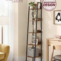 VASAGLE Biblioteca tip scara cu 5 rafturi, design industrial, cadru metalic si rafturi din PAL, 34x30x170 cm, maro rustic