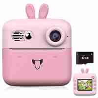 Camera Instantanee pentru Copii, Flippy, cu Functie de Printare, Cablu USB-C, Bluetooth, Compatibil iOS/Android, Imprimare APP, Model Iepure, Snur de Agatat Inclus, Roz