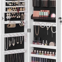 SONGMICS Dulap pentru bijuterii, cu oglinda design fara rama, MDF, montare pe perete sau usa, 37x10x108 cm, alb