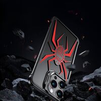 Husa de Protectie Compatibila iPhone 15 Pro, cu Suport Metalic pentru Camera, Armor Protective Series, Vafy, Antisoc, Protectie de Metal pe Margini, Model Paianjen, Negru Rosu