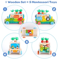 Jucarie Educativa Montessori, Flippy, Model Masinuta Educativa din Lemn 6 in 1, Sortator Forme, 1–3 ani, 23.7 x 17.5 x 12 cm, Multicolor