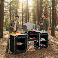 Bucatarie de camping pliabila cu 3 blaturi, cadru aluminiu, portabila pentru exterior, 175x40x111 cm