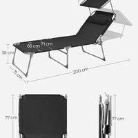 SONGMICS Sezlong pliabil, cu parasolar si tetiera, spatar reglabil in 4 pozitii, maxim 150kg, 200x71x38cm, negru