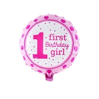 Balon din Folie Metalizata, Vafy, Prima Aniversare, Model First Birthday Girl, 45 cm, Ambalaj Individual, Pai Inclus, Umflare cu Aer sau Heliu, Roz