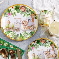 Farfurii Cartonate pentru Petreceri, Flippy, Farfurii cartonate de unica Folosinta pentru Zile de Nastere, Model Safari cu animale, set 10 buc, Diametru 23 cm, Multicolor