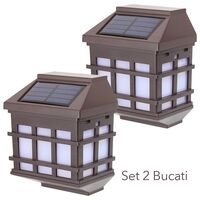 Lampa solara LED tip Felinar pentru perete, Flippy, Set 2 Bucati, 11.5 x 8.3cm, 1.2V, ABS, 400mAh, Lumina Alb Rece, Maro