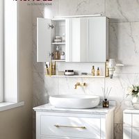 VASAGLE Dulap de baie de perete, 3 usi cu oglinda, compartiment deschis, 15x70x70 cm, alb auriu