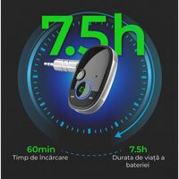 Adaptor Auto, Flippy, Bluetooth 5.0, Auxiliar, Asistenta Vocal, Jack 3.5 mm, Pentru Telefon Mobil si Sistem Audio Auto, Negru