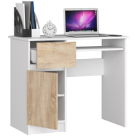 Birou computer PIKSEL, cu sertar, dulap si raft pentru tastatura, stanga, 90x50x77 cm, alb si stejar sonoma