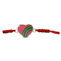 Martisor Bratara pentru Dama si Copii, Jolie, Model Inima cu Curcubeu Roz, Set 12 bucati, Pandantiv Emailat, Snur Reglabil, Rosu