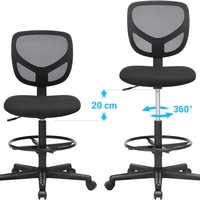 SONGMICS Scaun de birou inalt pentru atelier sau studio, fara brate, cu suport picioare, reglabil pe inaltime, 64x64x117 cm, negru