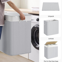 SONGMICS Cos de rufe din bambus, pliabil, cu captuseala detasabila lavabila, 3 compartimente, 150L, 60x40x62cm, gri