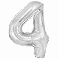 Balon din Folie Metalizata, Flippy, Figurina Cifra, Tema Aniversare 100 cm, Ambalaj Individual, Pai inclus, Umflare cu Aer sau Heliu, Argintiu, Cifra 4