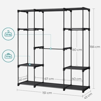SONGMICS Dulap portabil pentru haine cu 4 bare de suspendare si rafturi, structura metalica, 151x43x166 cm, negru