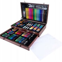 Set desen si pictura XL 130 piese cu valiza din lemn, 37x23x8 cm, multicolor