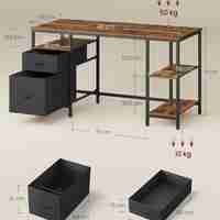 VASAGLE Birou calculator cu 3 rafturi si 2 sertare, cadru metalic, stil industrial, 140x60x76 cm, maro rustic