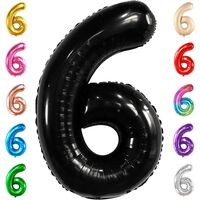 Balon din Folie Metalizata Flippy, Figurina Cifra, Tema Aniversare 40 cm, Ambalaj Individual, Pai inclus, Umflare cu Aer sau Heliu, Negru, Cifra 6