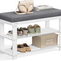 SONGMICS Banca pentru pantofi din bambus, 2 niveluri, cu perna, sarcina 150 kg, 71x29x49 cm, alb si gri
