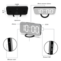 Ceas digital cu LED, Flippy, multifunctional, afisaj digital, alarma, 2 porturi USB de iesire, ecran tip oglinda, modern, 15.8 cm, alb